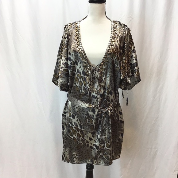 Varga Womens Sexy Satin Animal Print Tie Waist Sleep Shirt Size Large - Picture 5 of 8